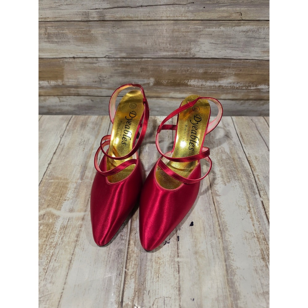 Dyeables Red Satin Pointed Toe Slingback Kitten Heels 9.5M Made in USA